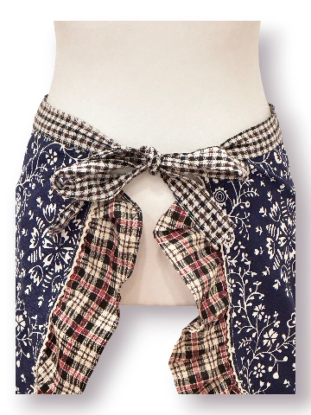 Handmade Navy Floral Plaid Ruffle Half Apron Cottagecore Farmhouse EUC